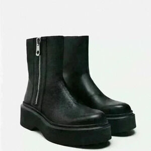 Zara  LOW HEELED LEATHER ANKLE BOOTS WITH ZIPPER NWOT